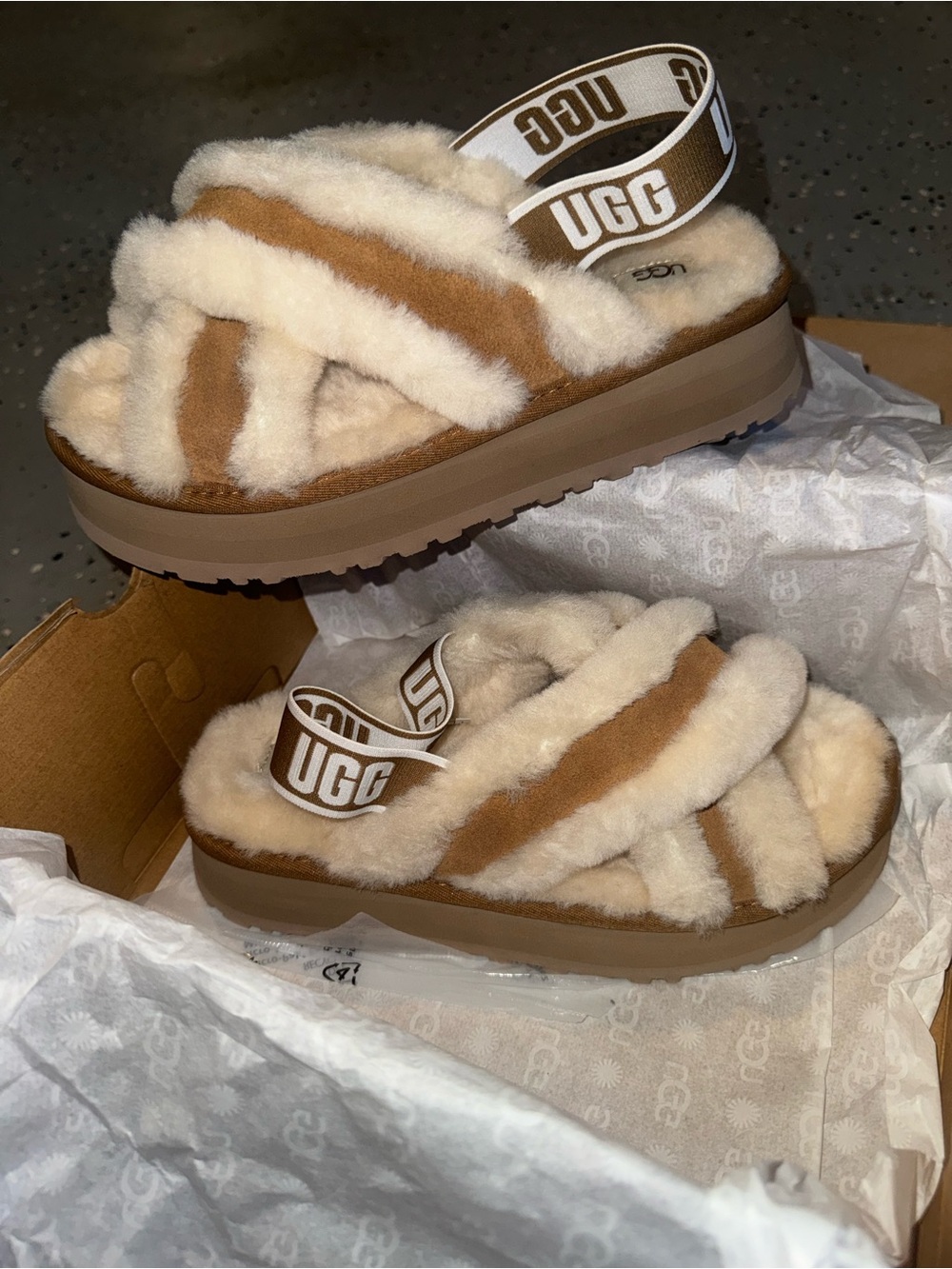 UGG Chestnut and Cream Fluff Slide with Logo Strap